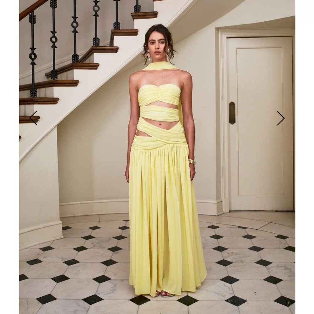 Delfi Collective Soleil Cutout Twist Scarf Dropped Waist Chiffon Dress in Lemon